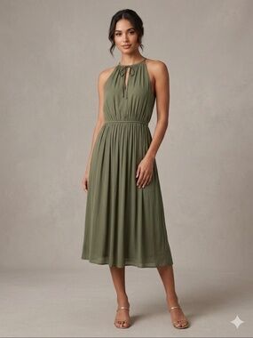 Olive Green LOFT S Halter Gathered Midi Dress Boho Flowy Sundress Beach Summer